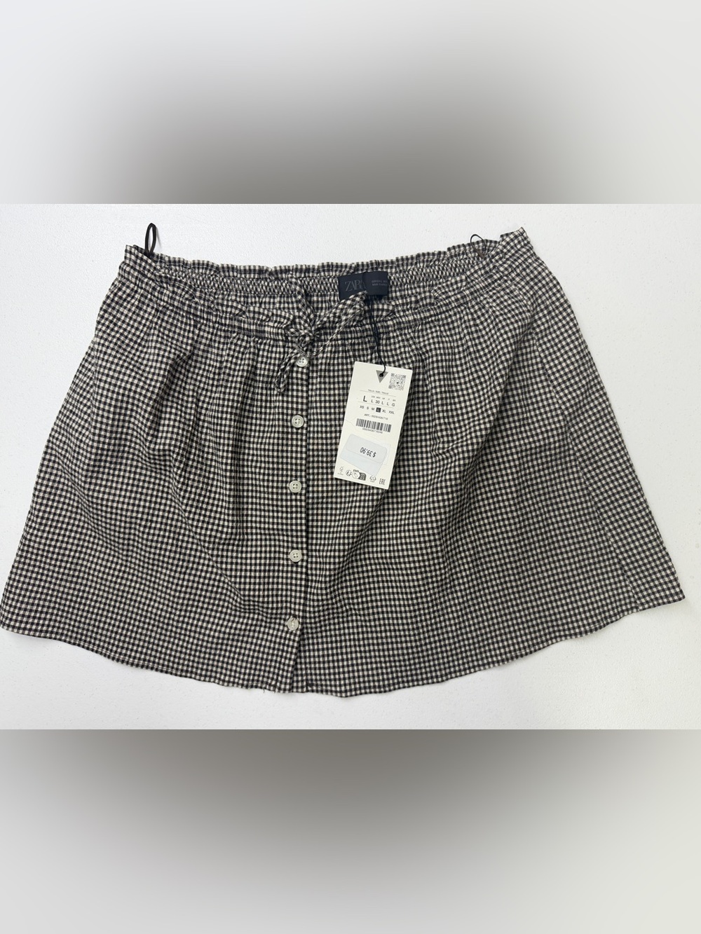 Zara Gingham Check Mini Skirt Women L NWT Brown Black Drawstring Button Front